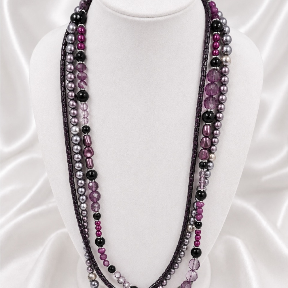 CHICO’s Zoila Multiple Strands Purple, Black & Silver-toned Beaded Necklace